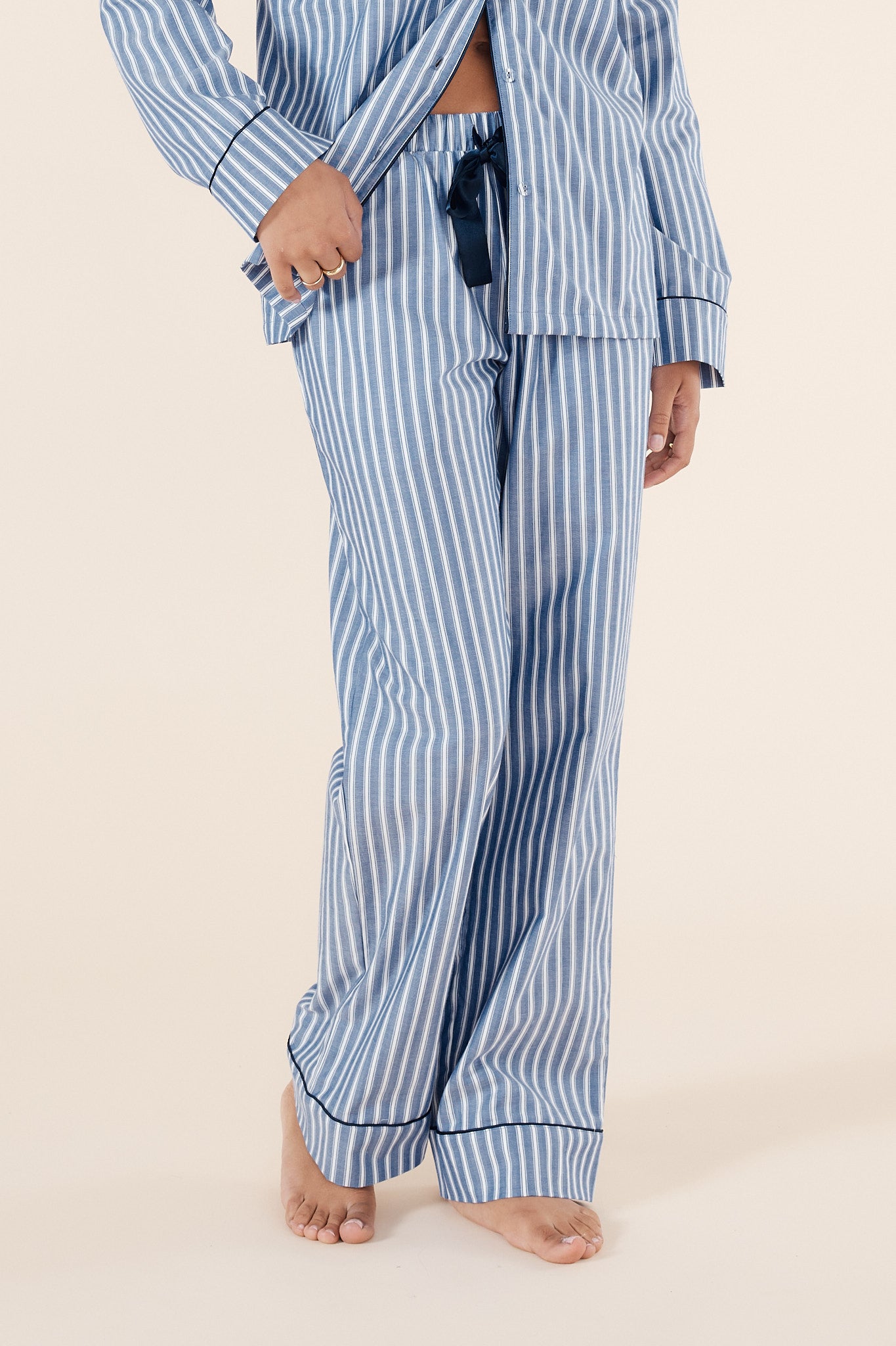 Classic Striped Cotton Pyjama Set | Blue & White with Navy Piping