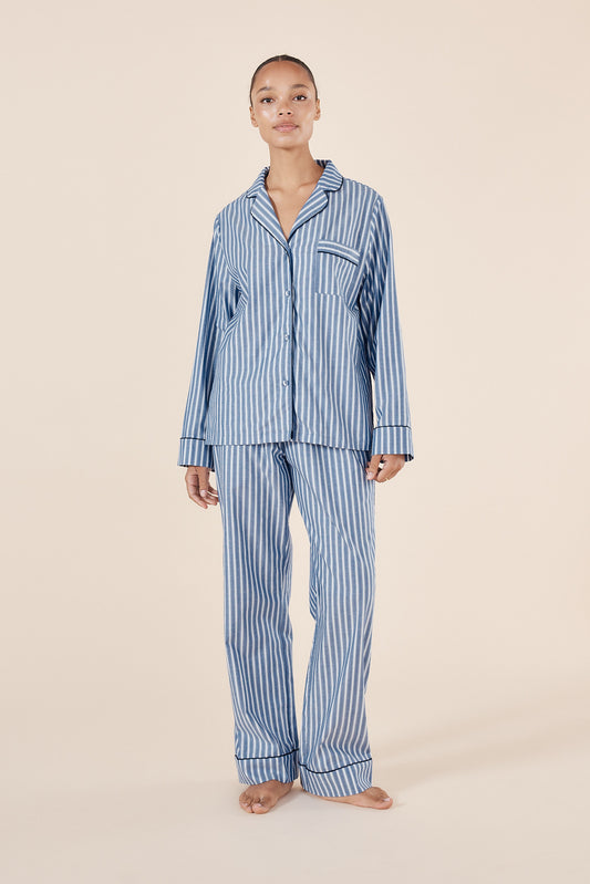 Classic Striped Cotton Pyjama Set | Blue & White with Navy Piping