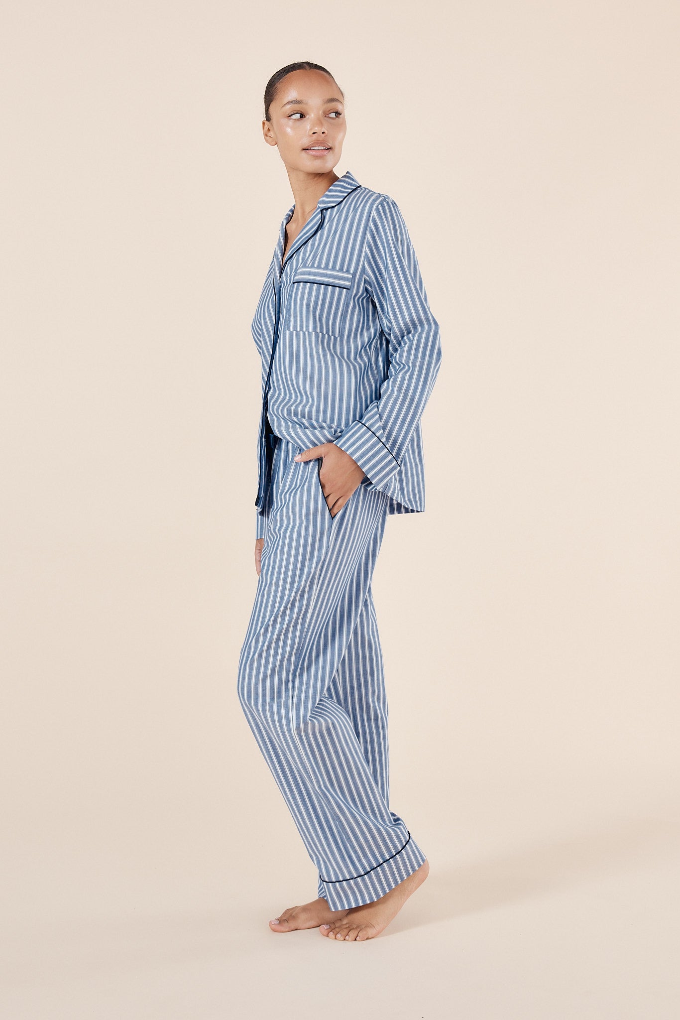 Classic Striped Cotton Pyjama Set | Blue & White with Navy Piping