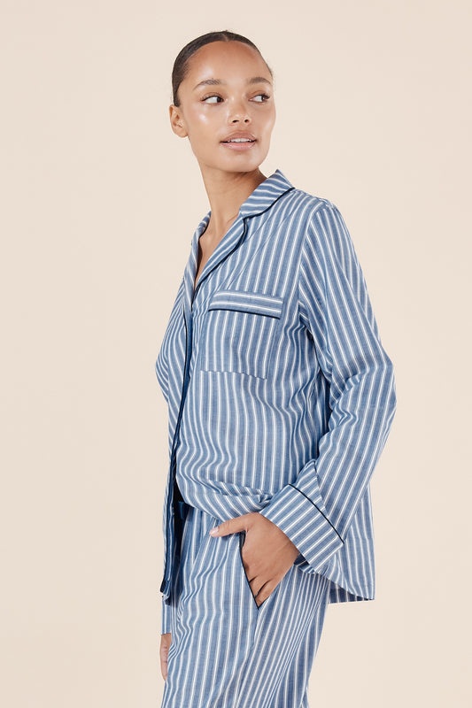 Classic Striped Cotton Pyjama Set | Blue & White with Navy Piping