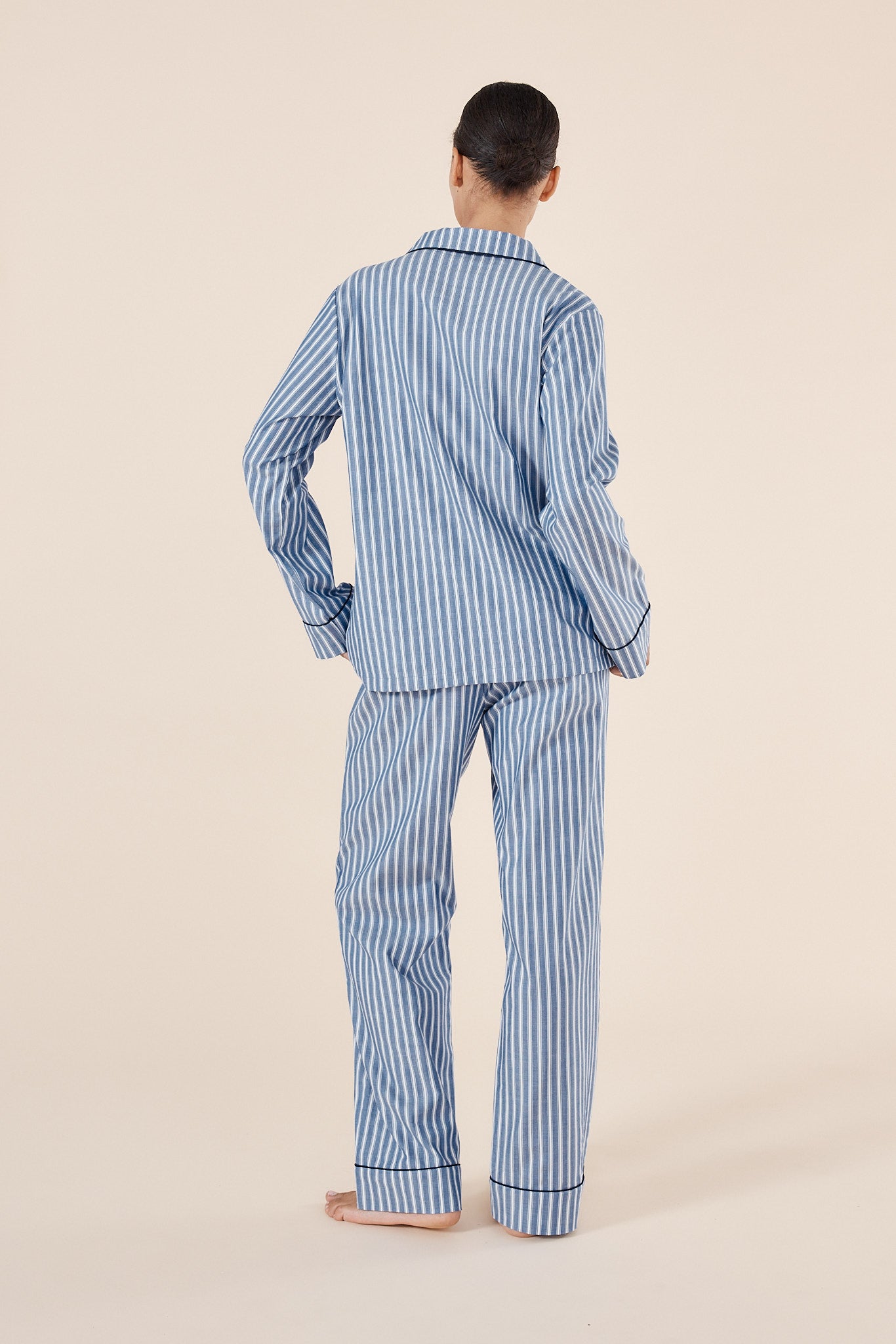 Classic Striped Cotton Pyjama Set | Blue & White with Navy Piping