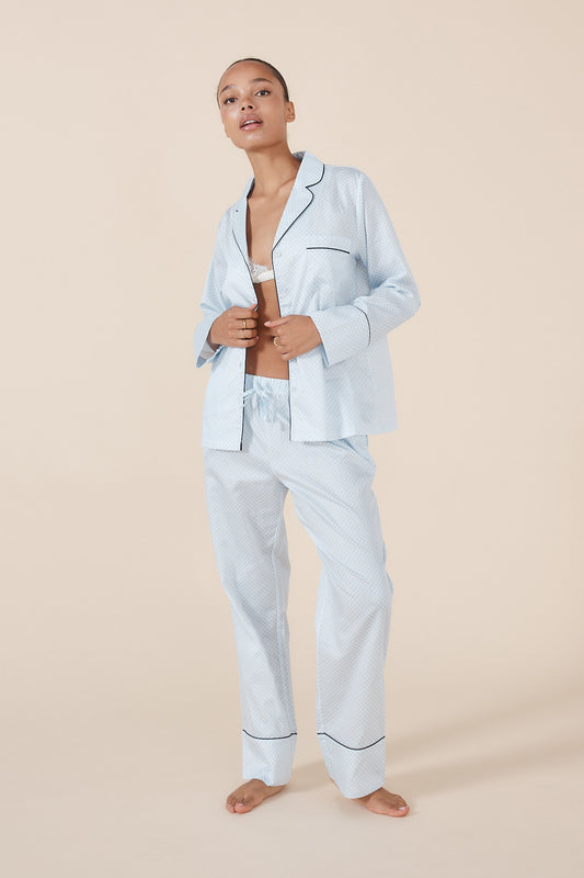 Women's Pale Blue Long Sleeve Pyjama Set – 100% Cotton Sleepwear | Gingerlilly