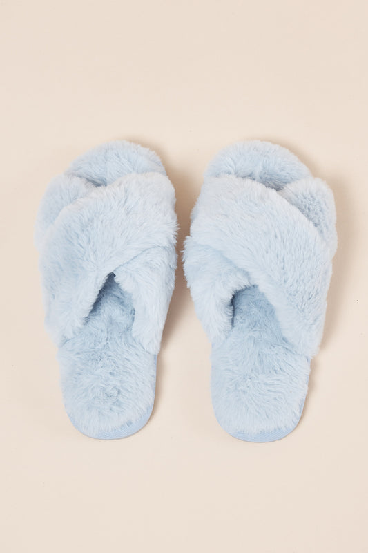 Plush Slippers in Pale Blue | Gingerlilly faux fur Open-Toe Slippers