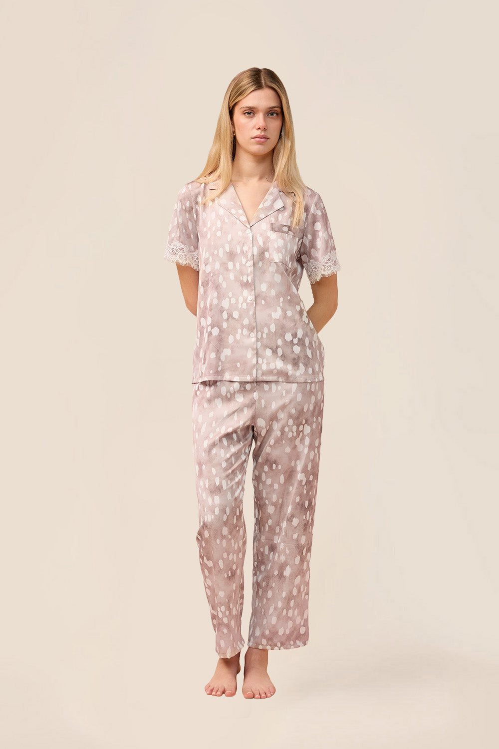 Woman wearing the Millie Bambi Print Long PJ Set in Brown, front view of short sleeve shirt and long pants