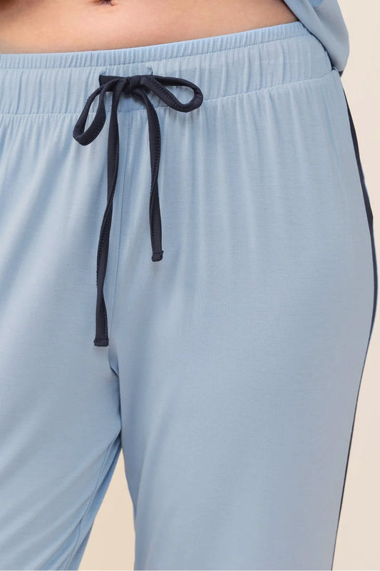 Close-up of the Inez Bamboo Pant with Stripe in Blue, showing the drawstring waist