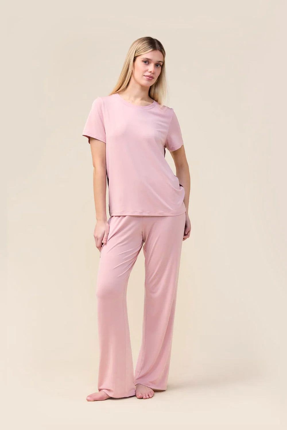 Woman wearing the Bronte Bamboo T-Shirt with Stripe in Pink, front view