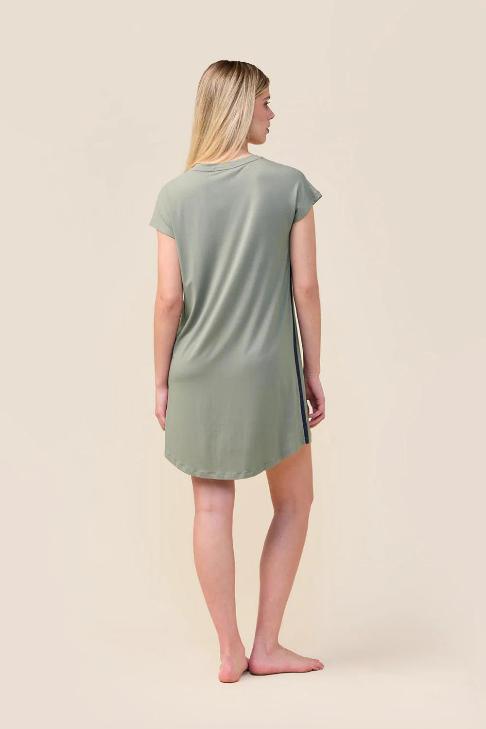 Woman wearing the Ashley Bamboo Sleep Tee in Olive, back view