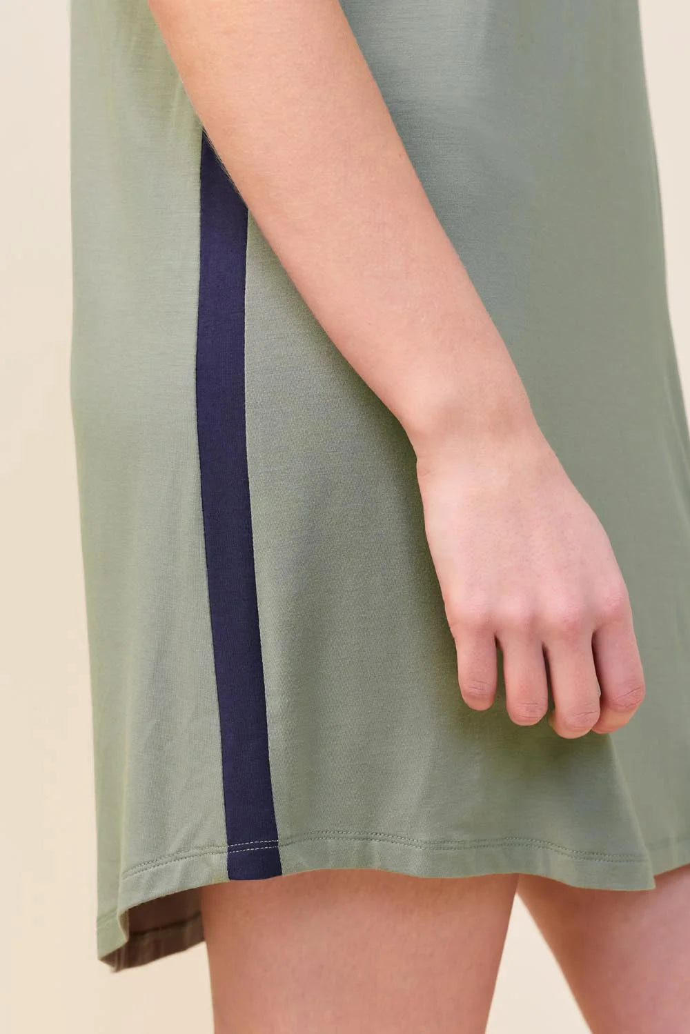 Close-up of the Ashley Bamboo Sleep Tee in Olive, showing the contrast side stripe