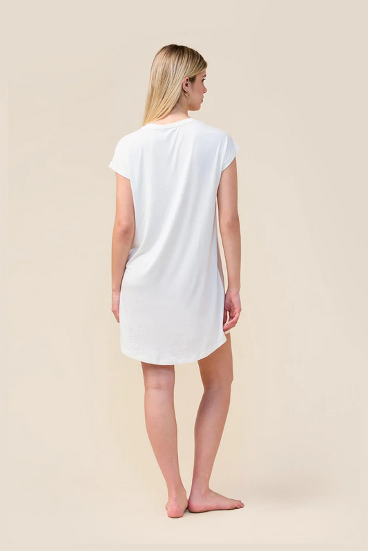 Woman wearing the Ashley Bamboo Sleep Tee in Ecru, back view