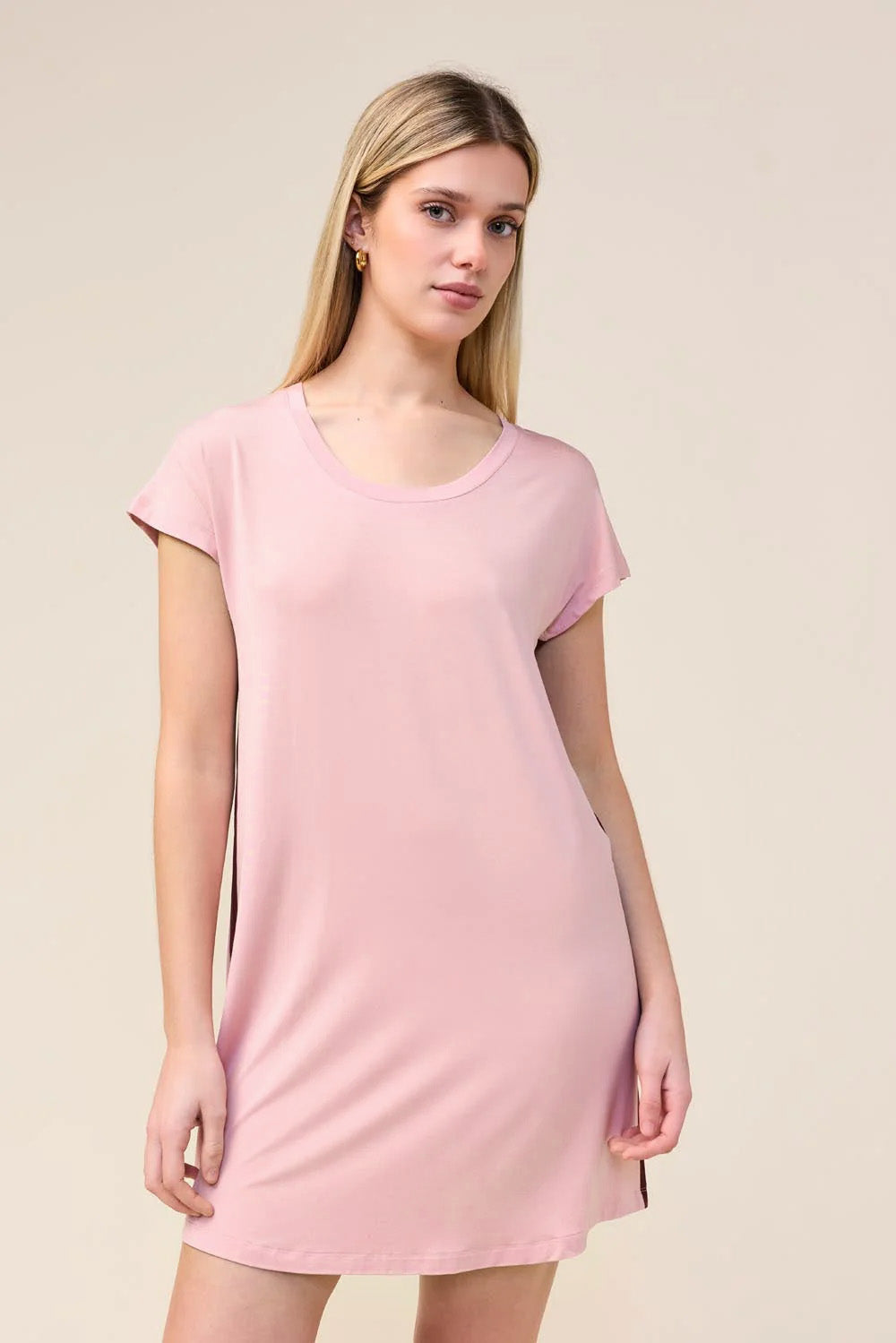 Woman wearing the Ashley Bamboo Sleep Tee in Pink, close front view