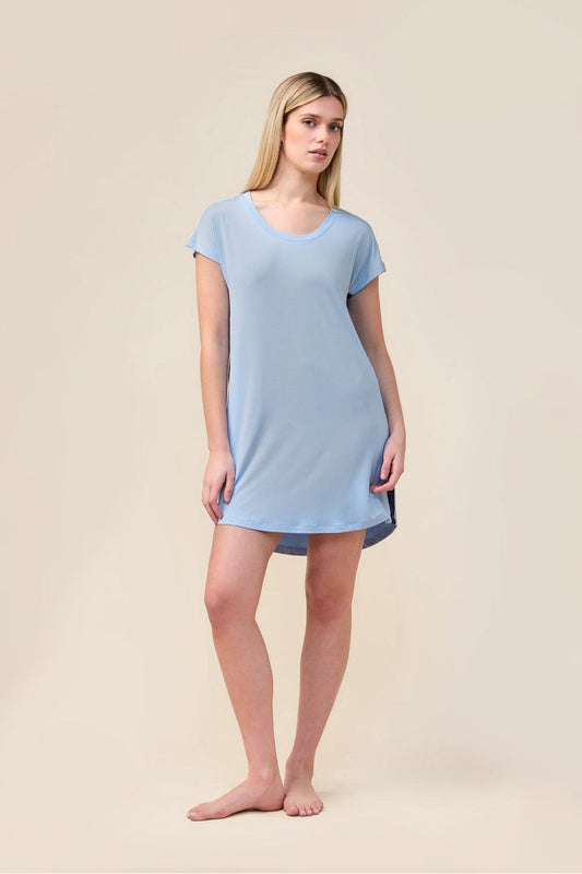 Woman wearing the Ashley Bamboo Sleep Tee in Blue, front view