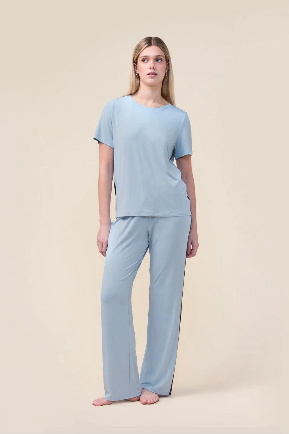 Woman wearing the Bronte Bamboo T-Shirt with Stripe in Blue, front view