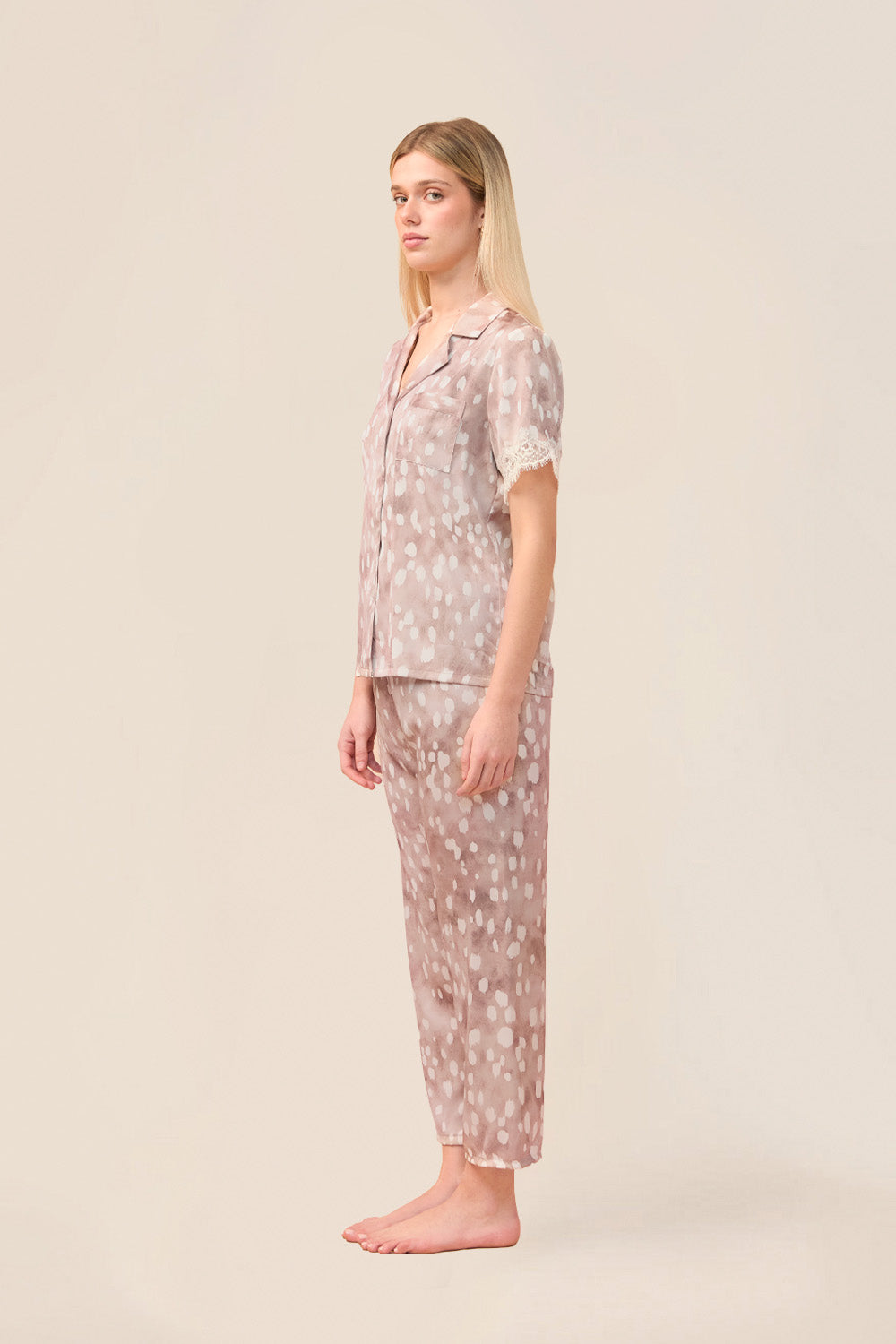 Woman wearing the Millie Bambi Print Long PJ Set in Brown, side view