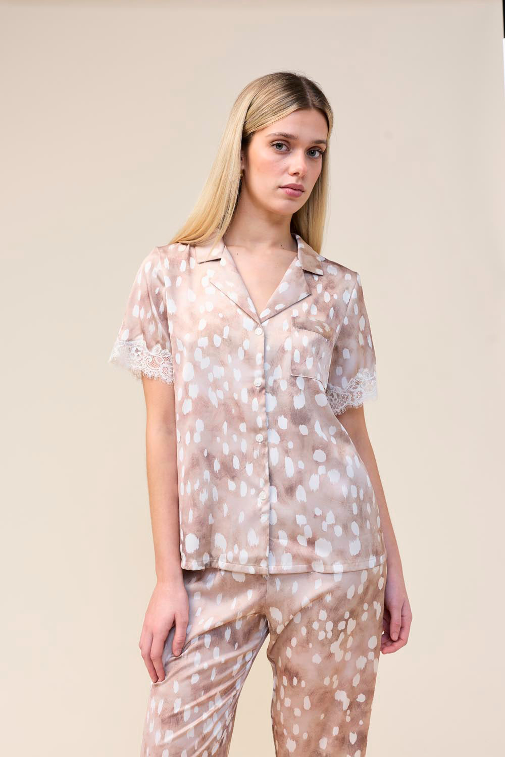 Gingerlilly Millie Bambi Print Long PJ Set - Brown - Front alt