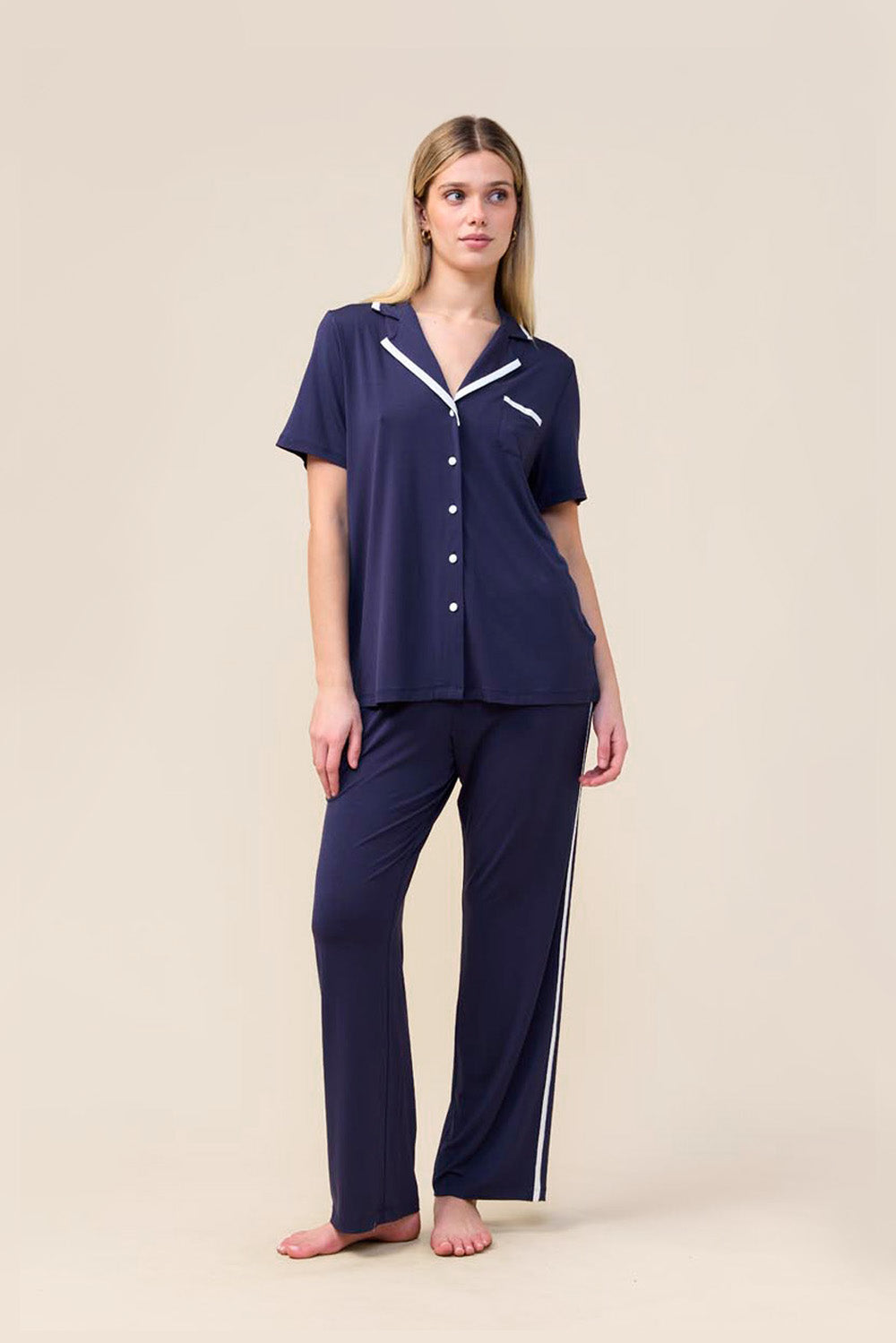 Vanessa Bamboo Long Pant PJ Set - Navy - Front