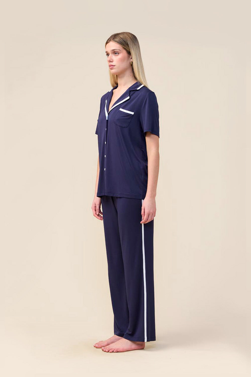 Vanessa Bamboo Long Pant PJ Set - Navy - Side
