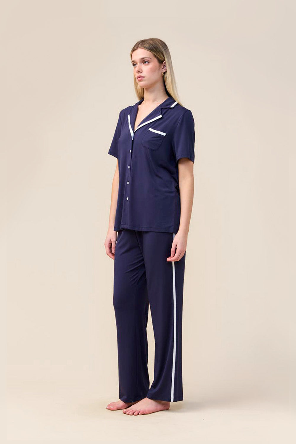Vanessa Bamboo Long Pant PJ Set - Navy - Front alt
