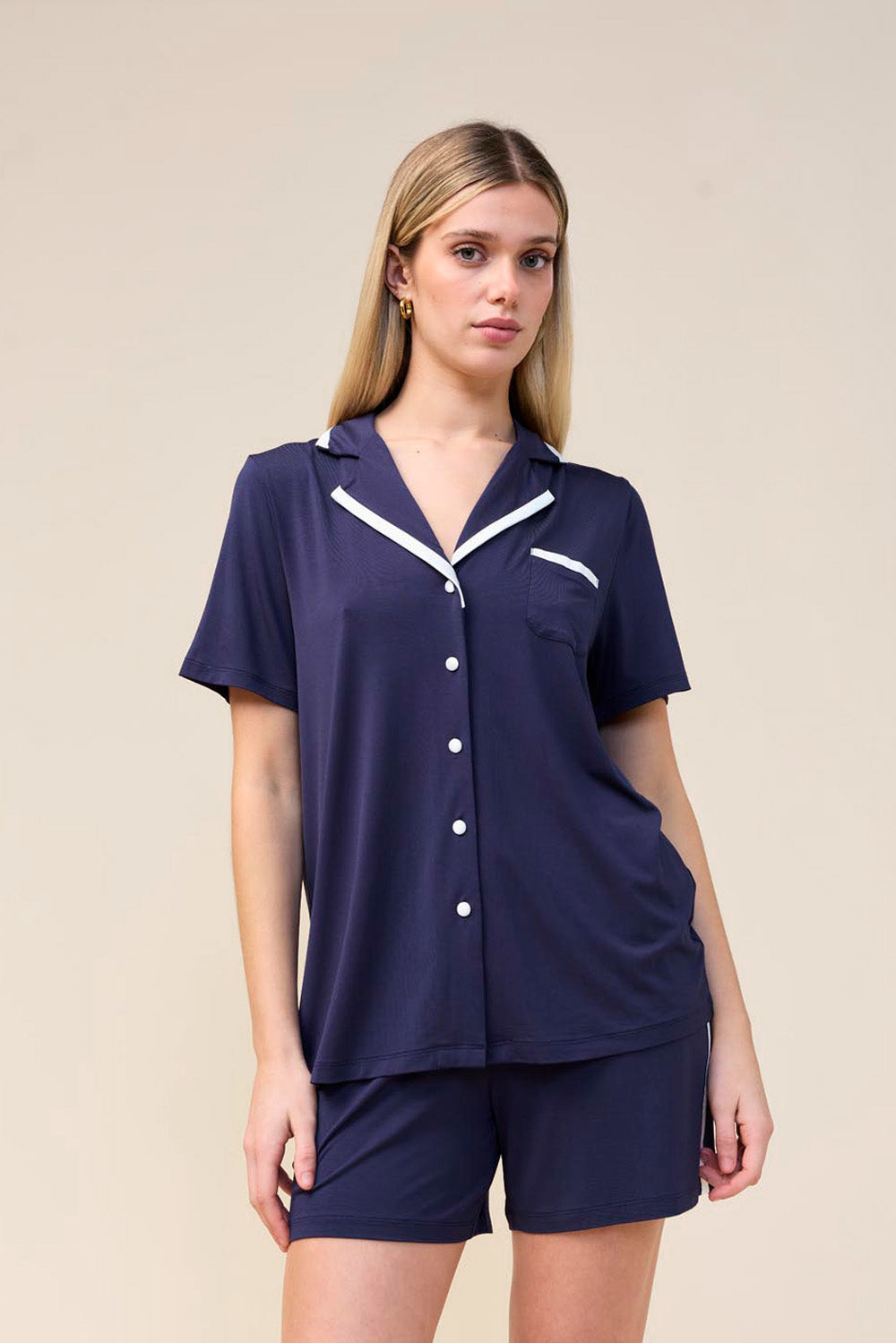 Allegra Short Bamboo PJ Set - Navy - Front alt