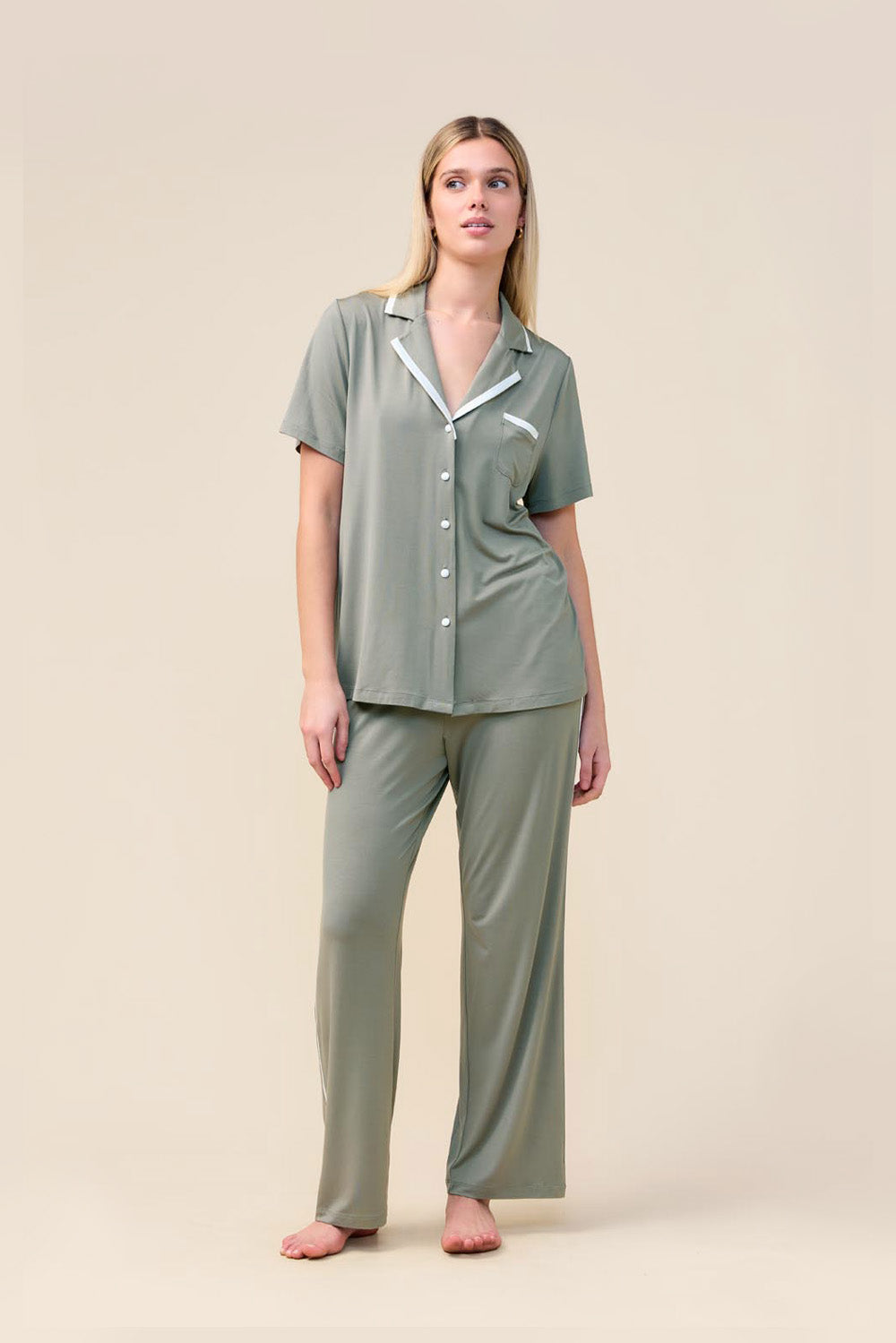 Vanessa Bamboo Long Pant PJ Set - Olive - Front