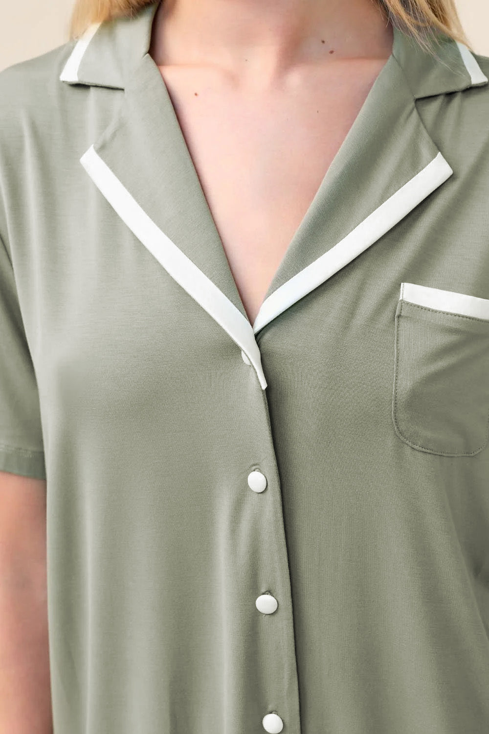 Close-up of the Vanessa Bamboo Long Pant PJ Set in Olive, showing the camp collar with white contrast trim