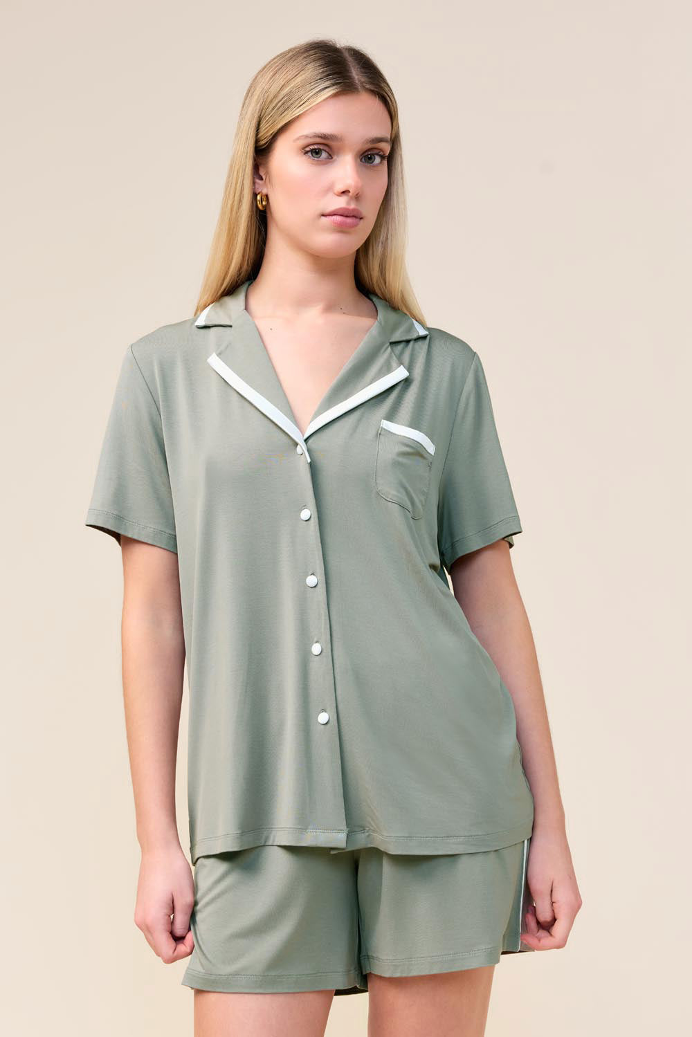 Allegra Short Bamboo PJ Set - Olive - Front detail