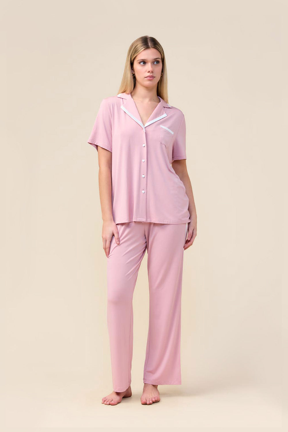 Vanessa Bamboo Long Pant PJ Set - Pink - Front