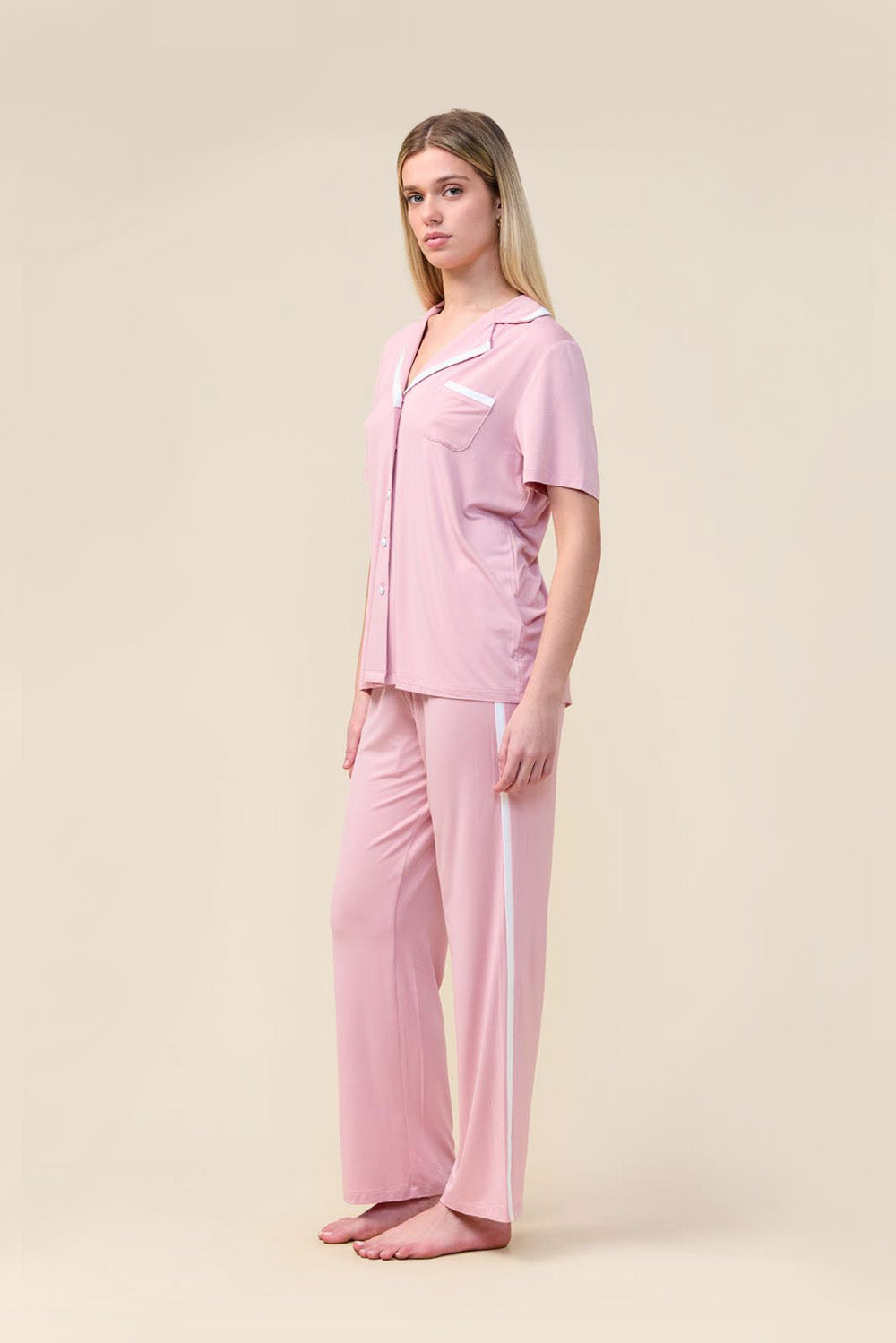 Vanessa Bamboo Long Pant PJ Set - Pink - Side