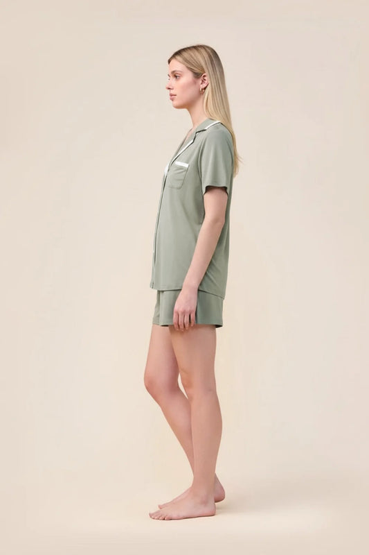 Woman wearing the Allegra Short Bamboo PJ Set in Olive, side view