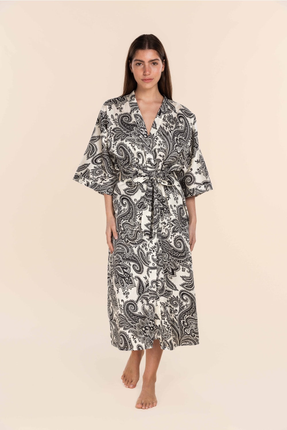 Annie Black & White Paisley Cotton Long Robe | Women’s Dressing Gown