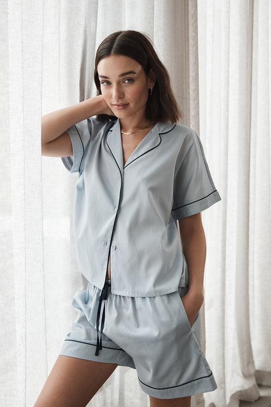 Ariana Blue Double Piping Short Set | Gingerlilly Sleepwear