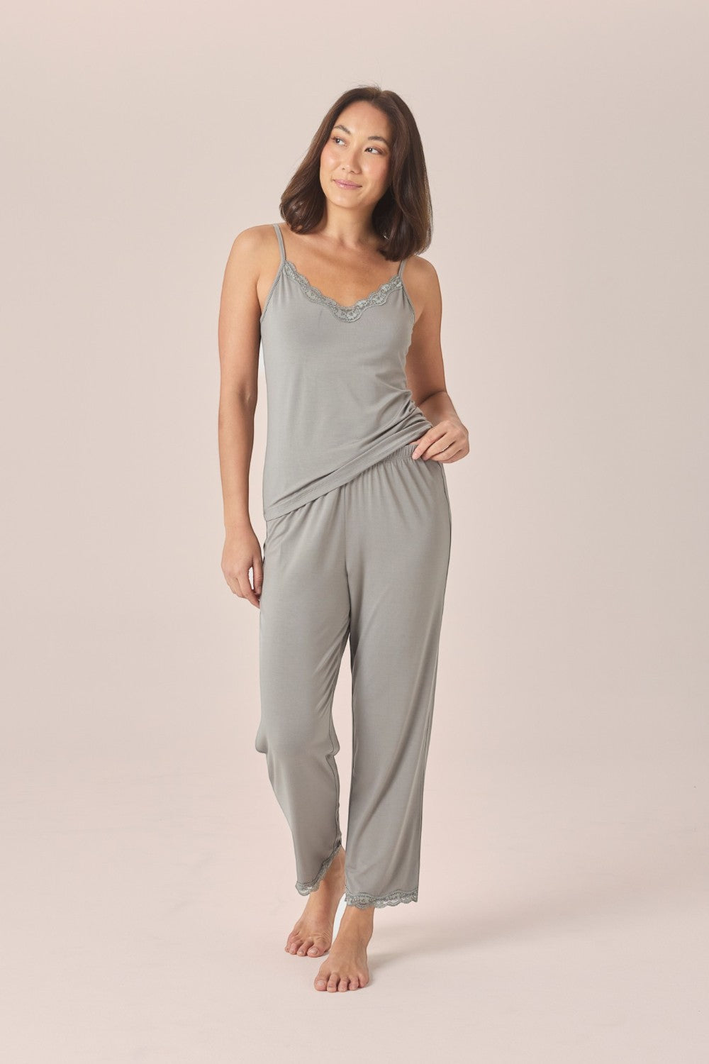 Gingerlilly Britt Bamboo Lace Cami Long PJ Set in Olive