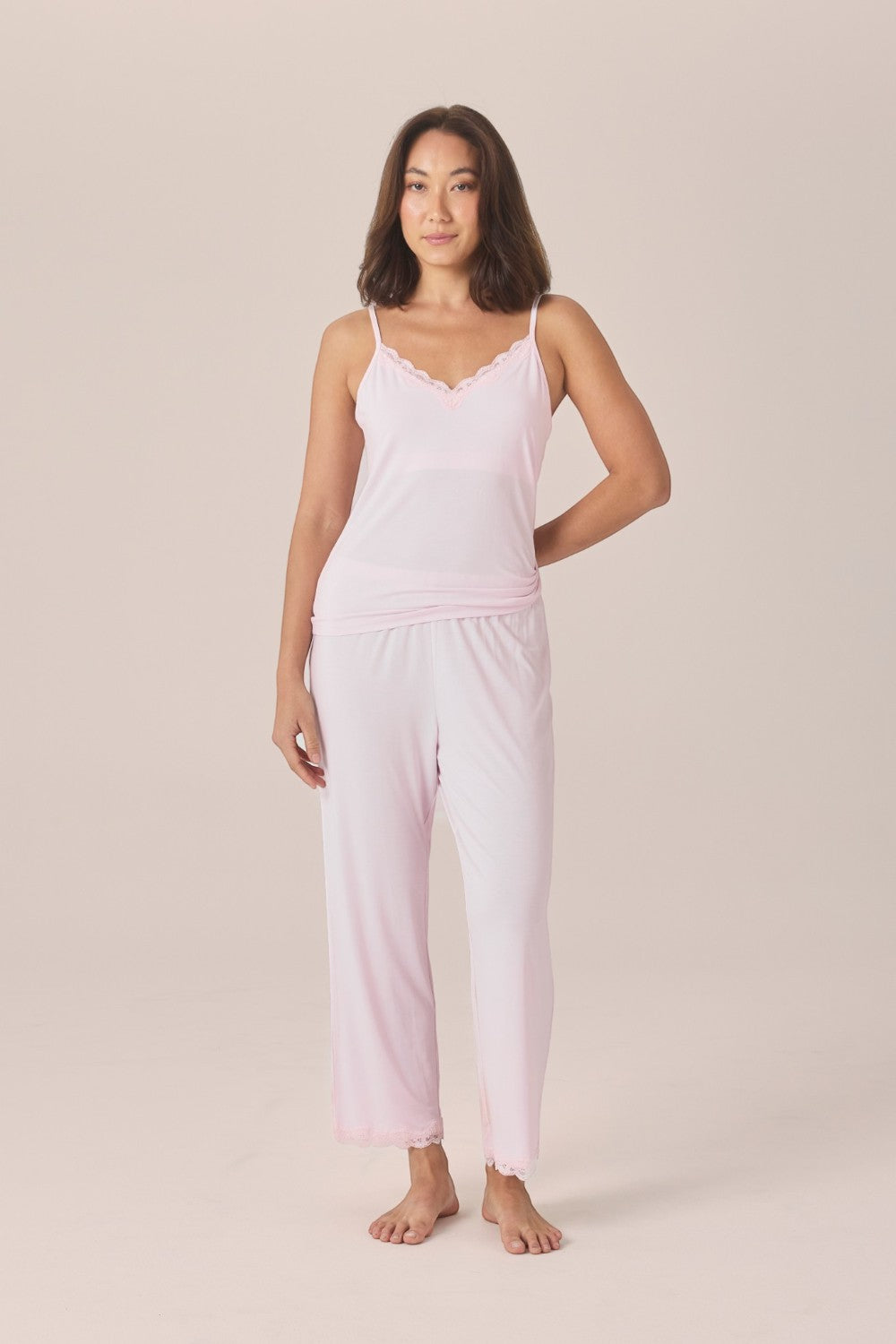 Gingerlilly Britt Bamboo Lace Cami Long PJ Set in Pink