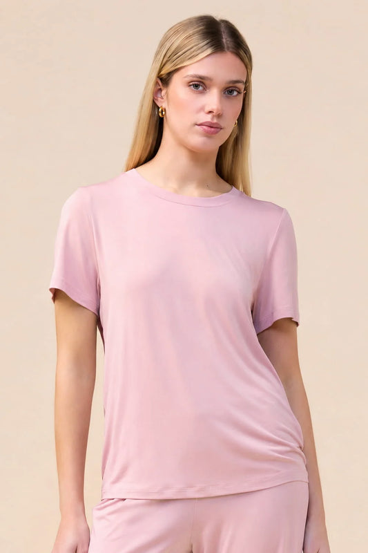 Woman wearing the Bronte Bamboo T-Shirt with Stripe in Pink, close front view