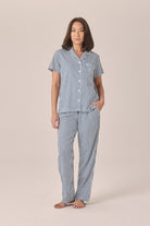 Gingerlilly Camilla Cotton Short Sleeve Long Pant PJ Set - Navy Stripe - Front alt