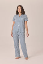Gingerlilly Camilla Cotton Short Sleeve Long Pant PJ Set - Navy Stripe - Front
