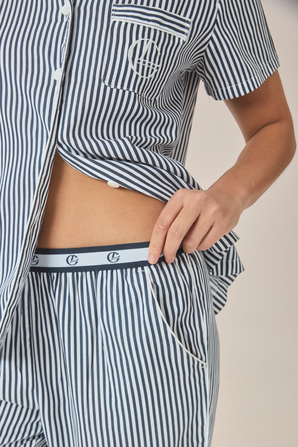 Gingerlilly Camilla Cotton Short Sleeve Long Pant PJ Set - Navy Stripe - Detail alt