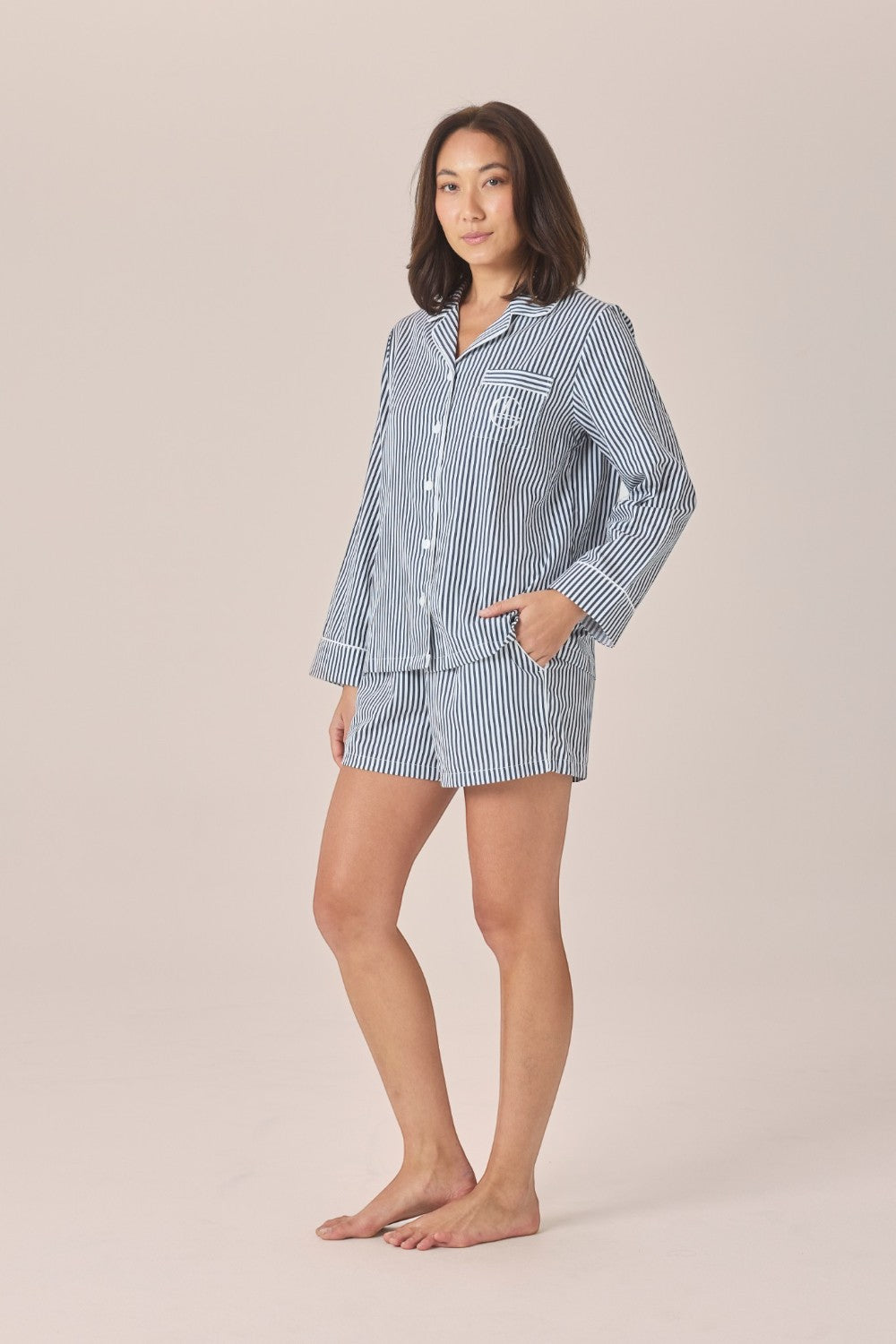 Gingerlilly Susanna Cotton Long Sleeve Shortie PJ Set - Navy Stripe - Side