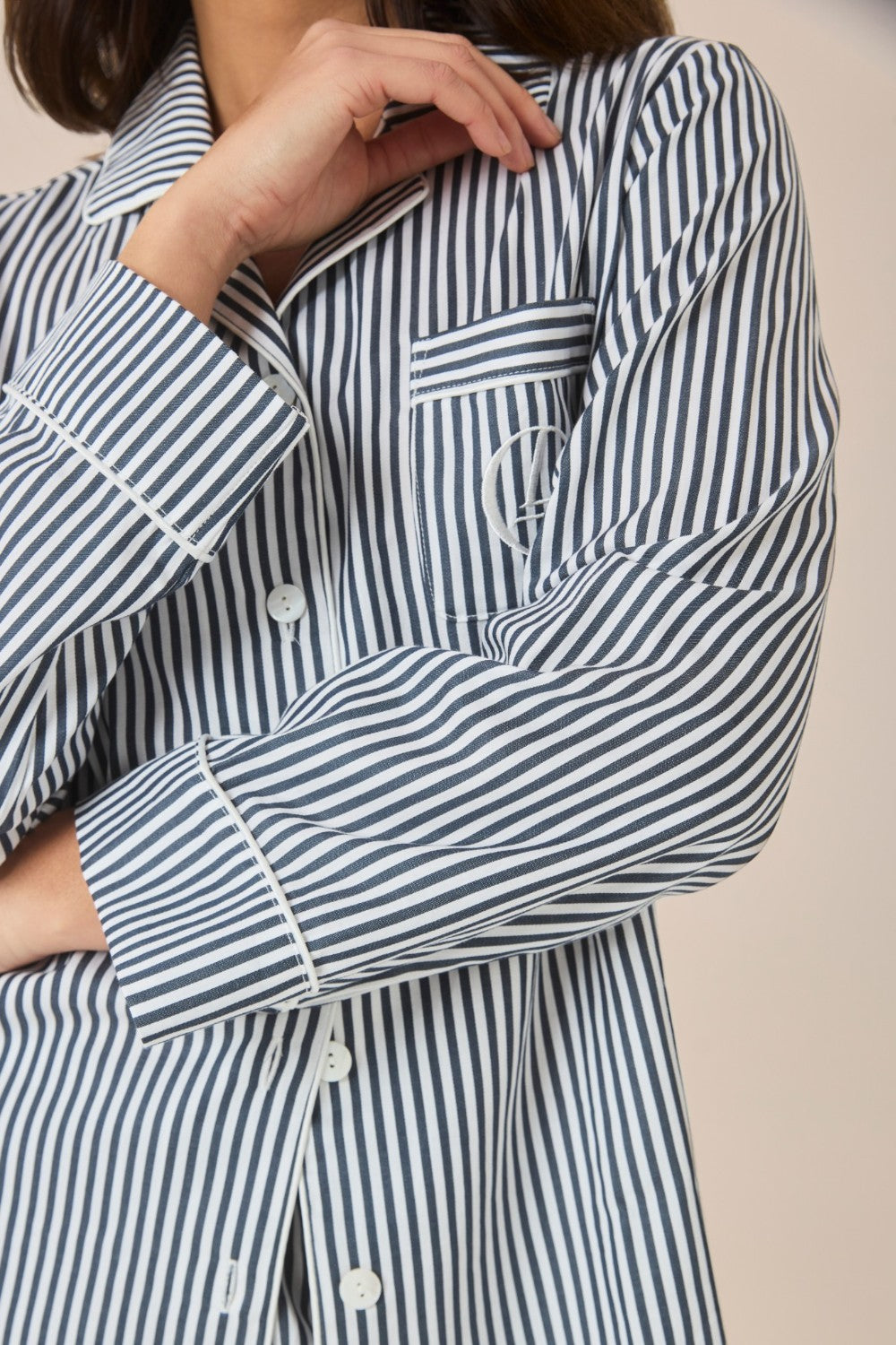 Gingerlilly Susanna Cotton Long Sleeve Shortie PJ Set - Navy Stripe - Detail alt 2