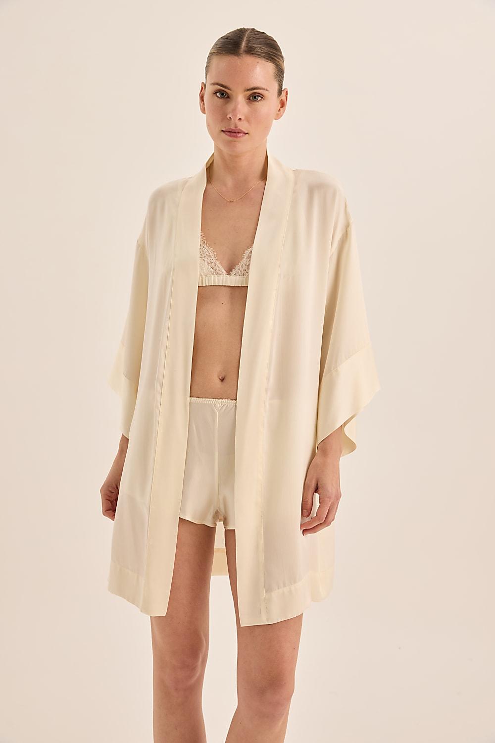 Diamond Pure Silk Ivory Short Robe | Gingerlilly Sleepwear