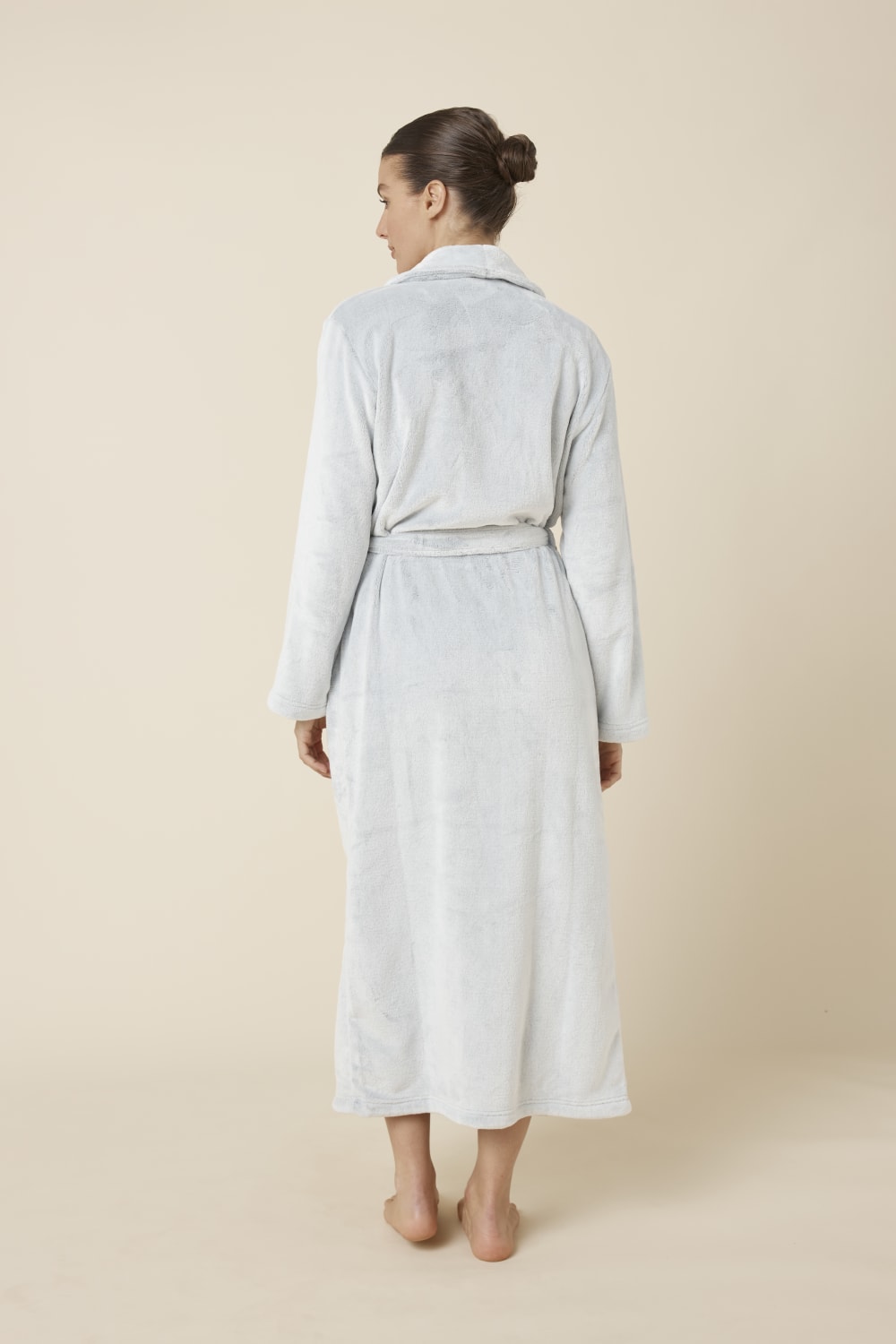 Woman wearing Desire Grey Long Plush Robe back view showing full length plush fleece robe