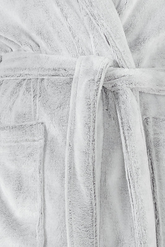 Close up of Desire Grey Long Plush Robe wrap belt and plush fleece texture