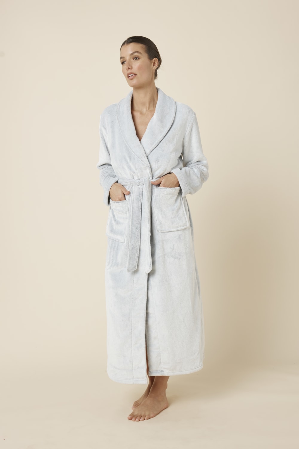 Woman wearing Desire Grey Long Plush Robe full length view, long plush dressing gown with belt and pockets