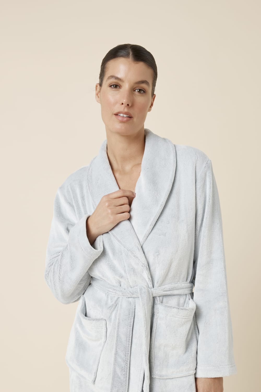 Woman wearing Desire Grey Long Plush Robe close up portrait highlighting soft plush fabric and shawl collar