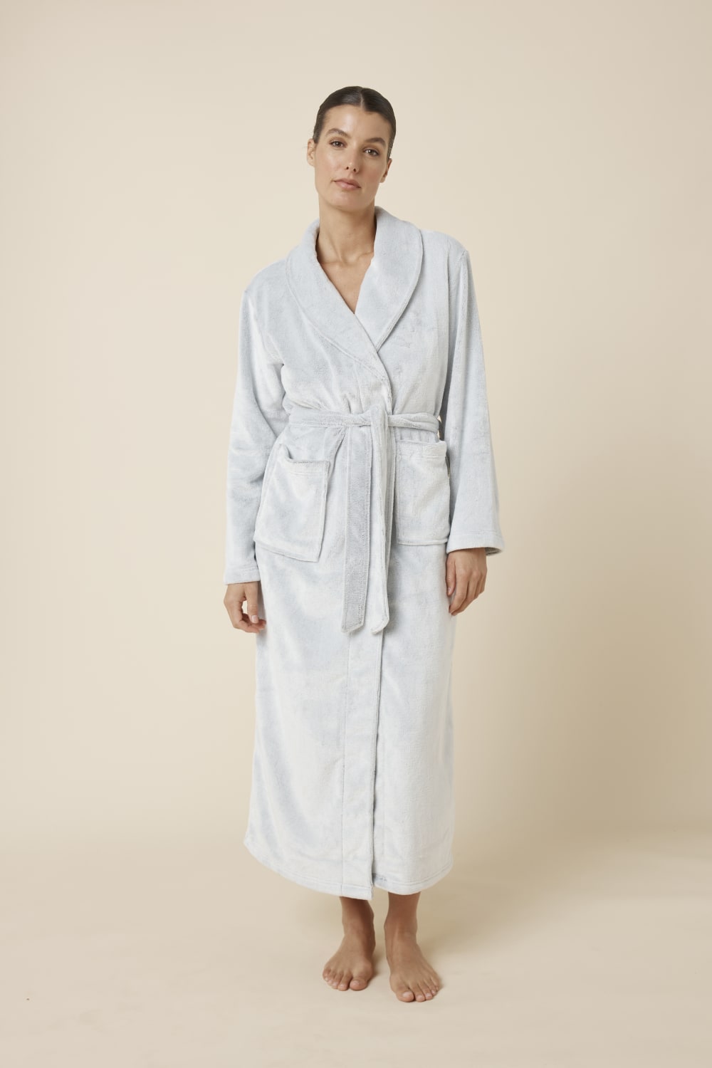 Woman wearing Desire Grey Long Plush Robe front view with wrap belt and relaxed silhouette