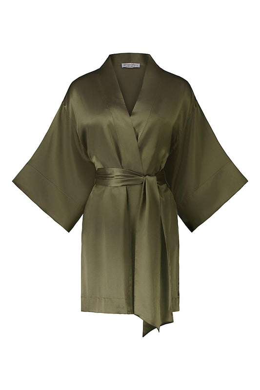 Diamond Pure Silk Olive Short Robe | Gingerlilly Sleepwear