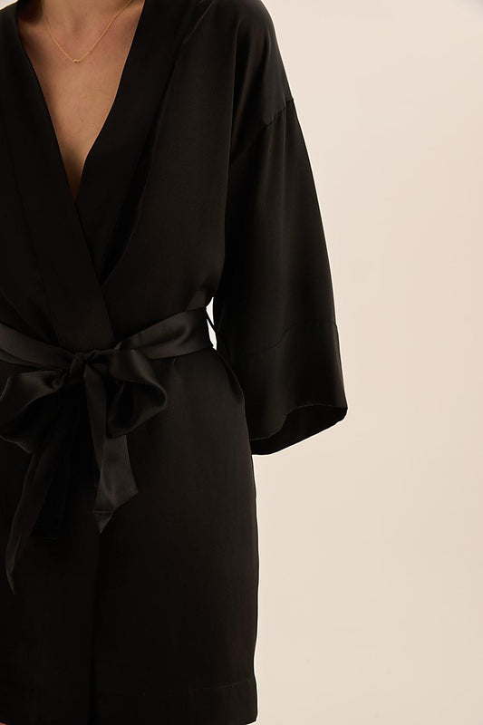 Diamond Pure Silk Black Short Robe | Gingerlilly Sleepwear