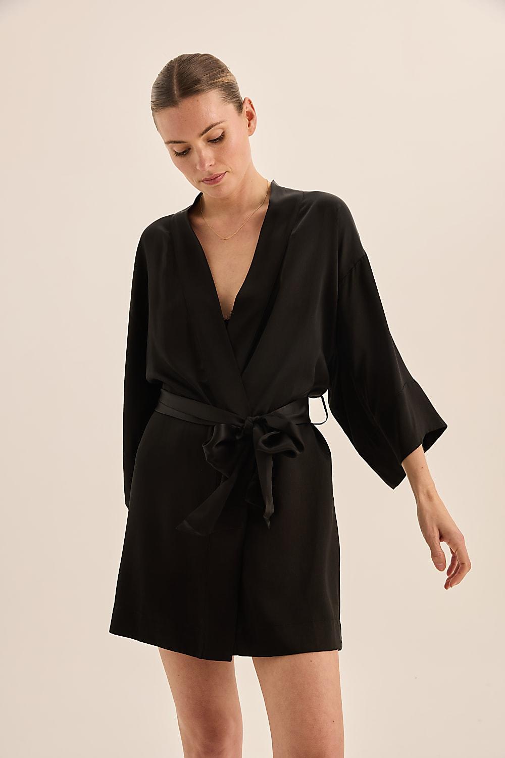 Micro Short Robe Gingerlilly Sleepwear | Diamond Pure Silk Black Short Robe