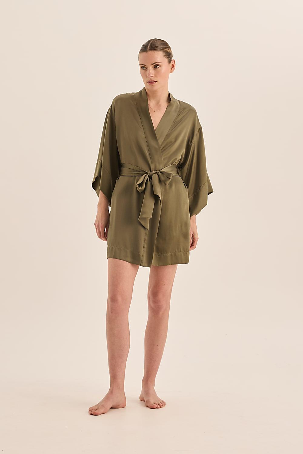 Diamond Pure Silk Olive Short Robe | Gingerlilly Sleepwear