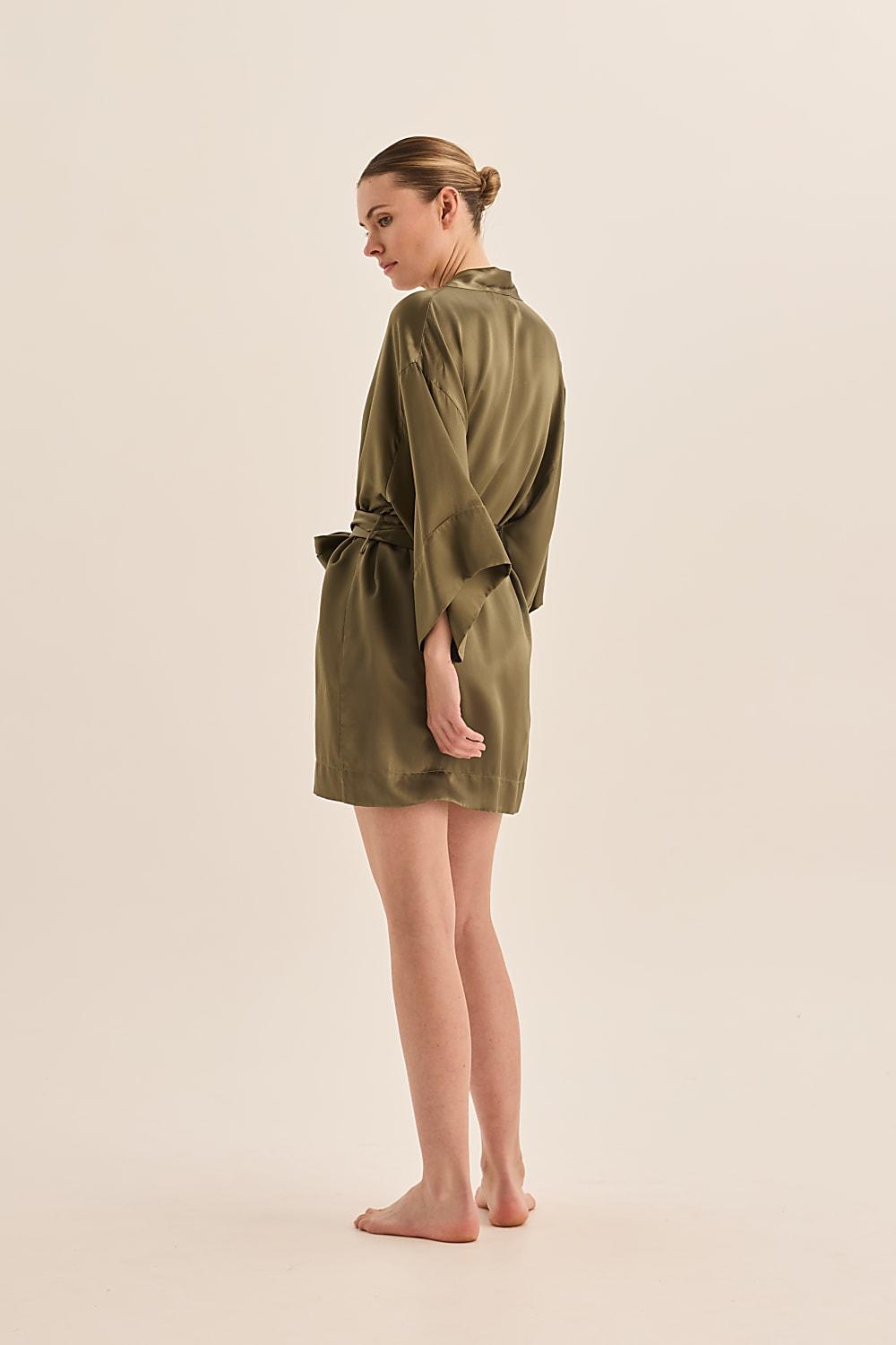 Diamond Pure Silk Olive Short Robe | Gingerlilly Sleepwear