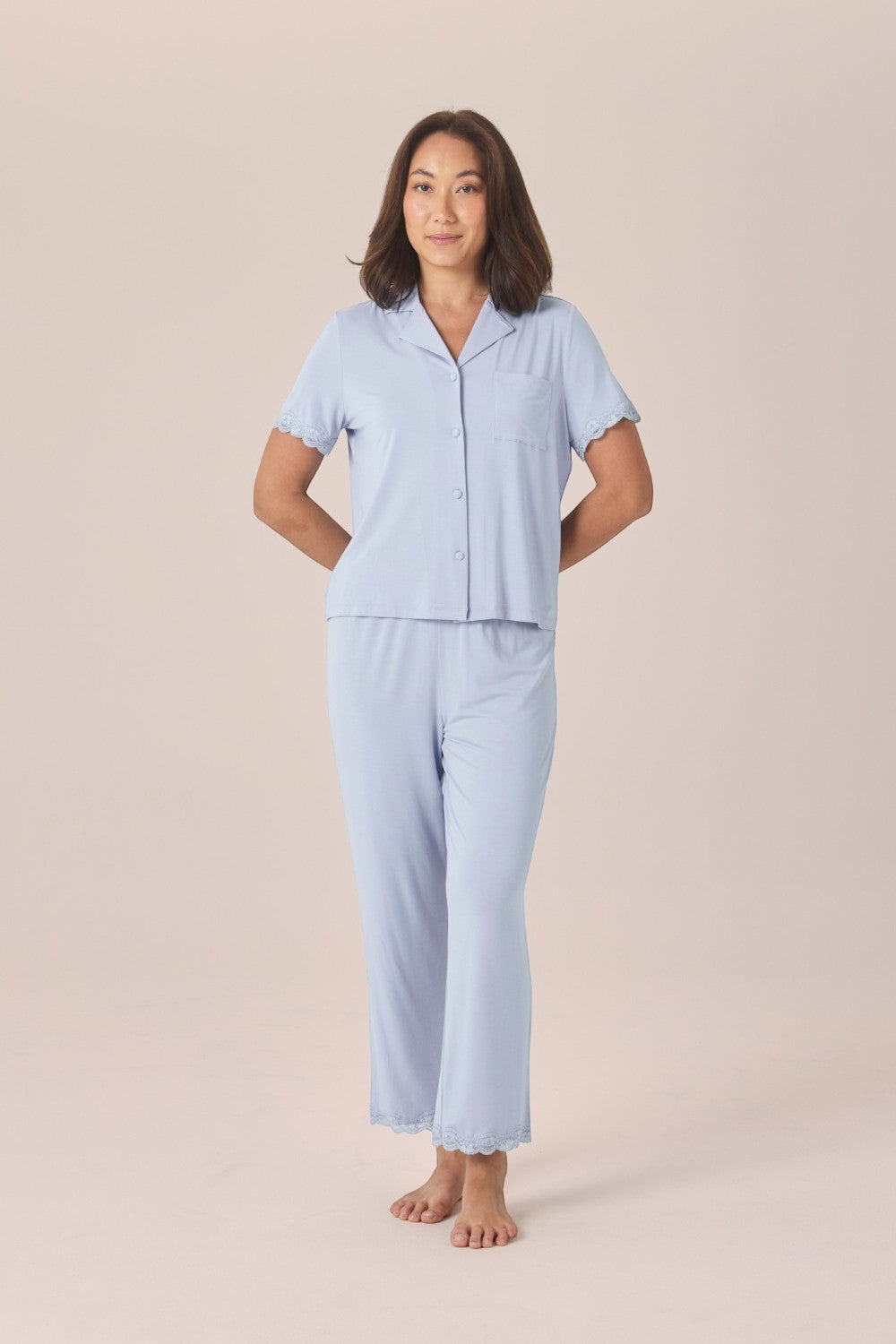 Gingerlilly Dianne Bamboo Long PJ Set with Lace in Blue